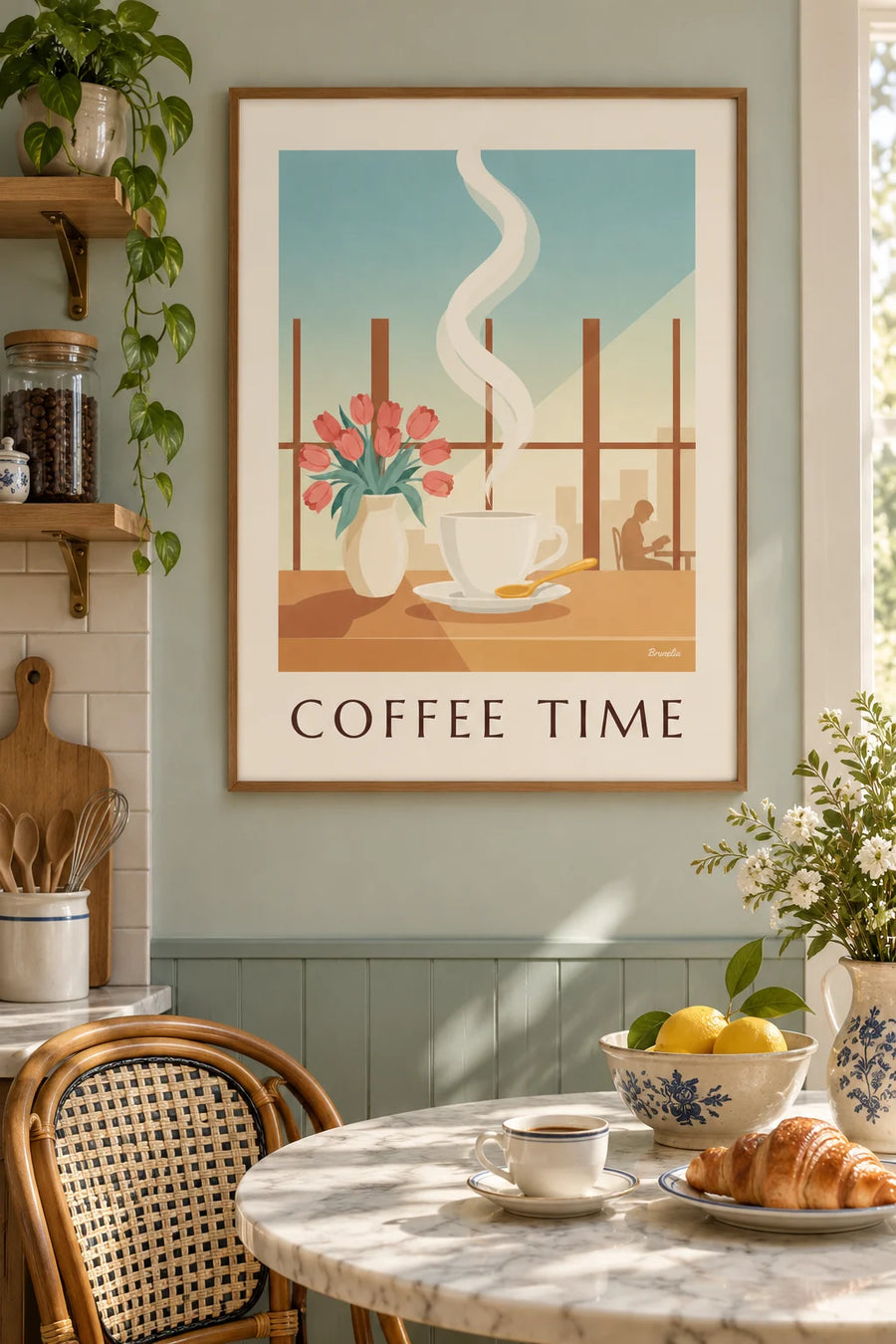 Plakat med dampende kaffekop og blomster ved vinduet: indrammet på væggen