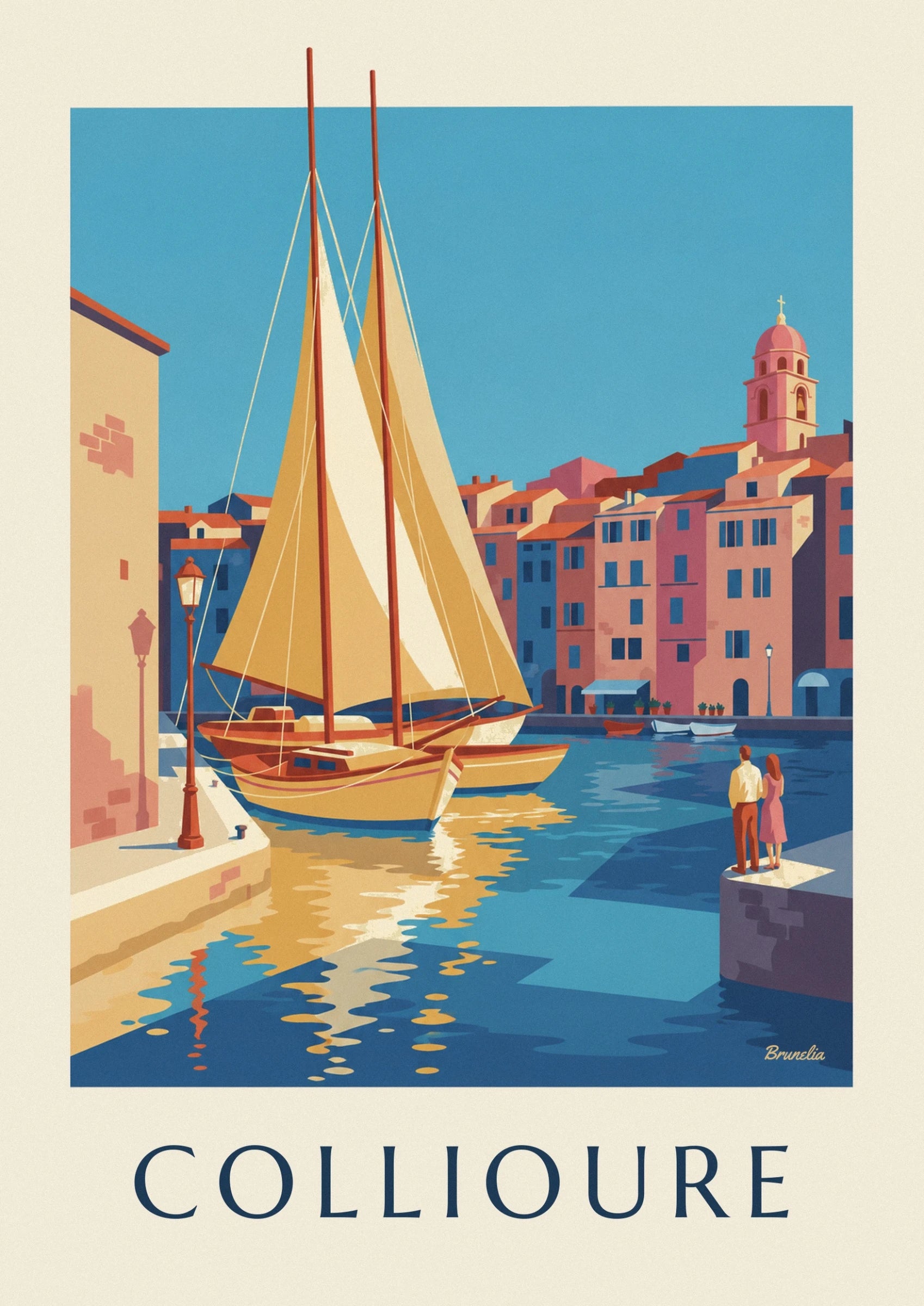 Sailing boats with yellow sails and golden hulls in front of the harbour façades