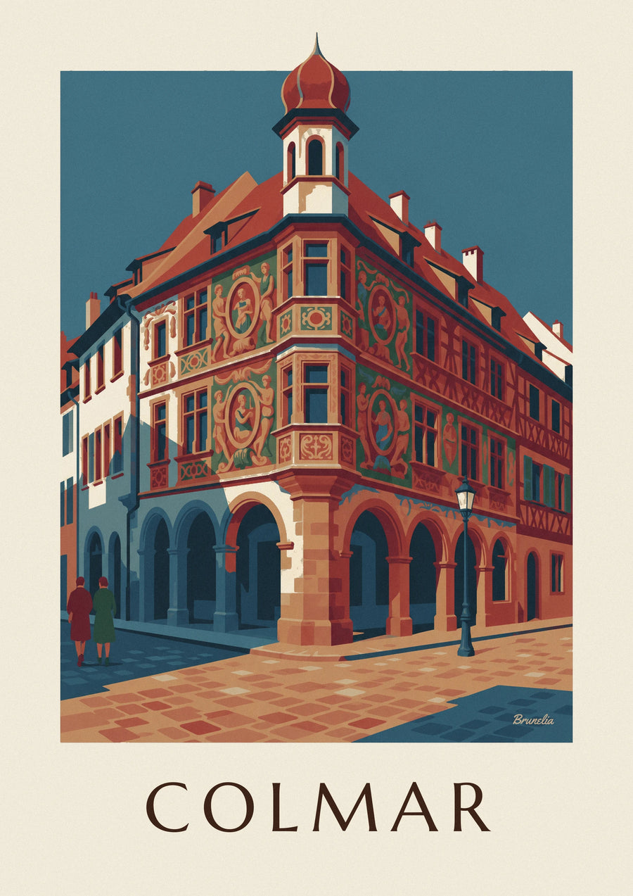 Plakat med Maison Pfister og dens udskårne trægalleri i Colmar