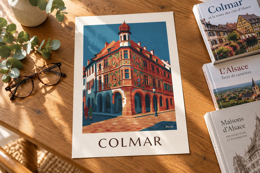 Plakat med Maison Pfister og dens udskårne trægalleri i Colmar: stillet på et bord