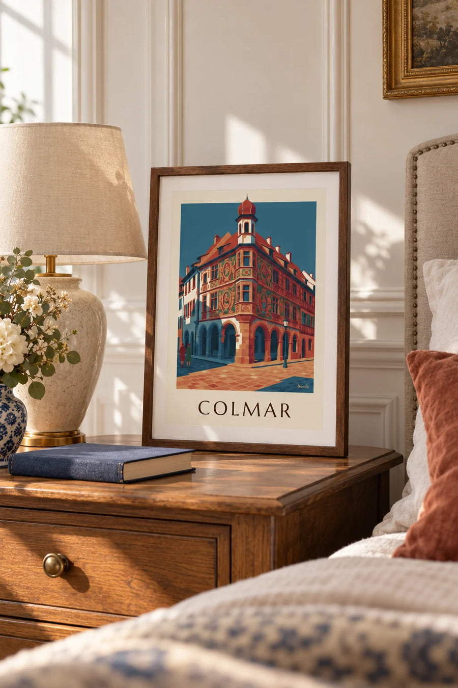 Plakat med Maison Pfister og dens udskårne trægalleri i Colmar: lille A4-format i ramme