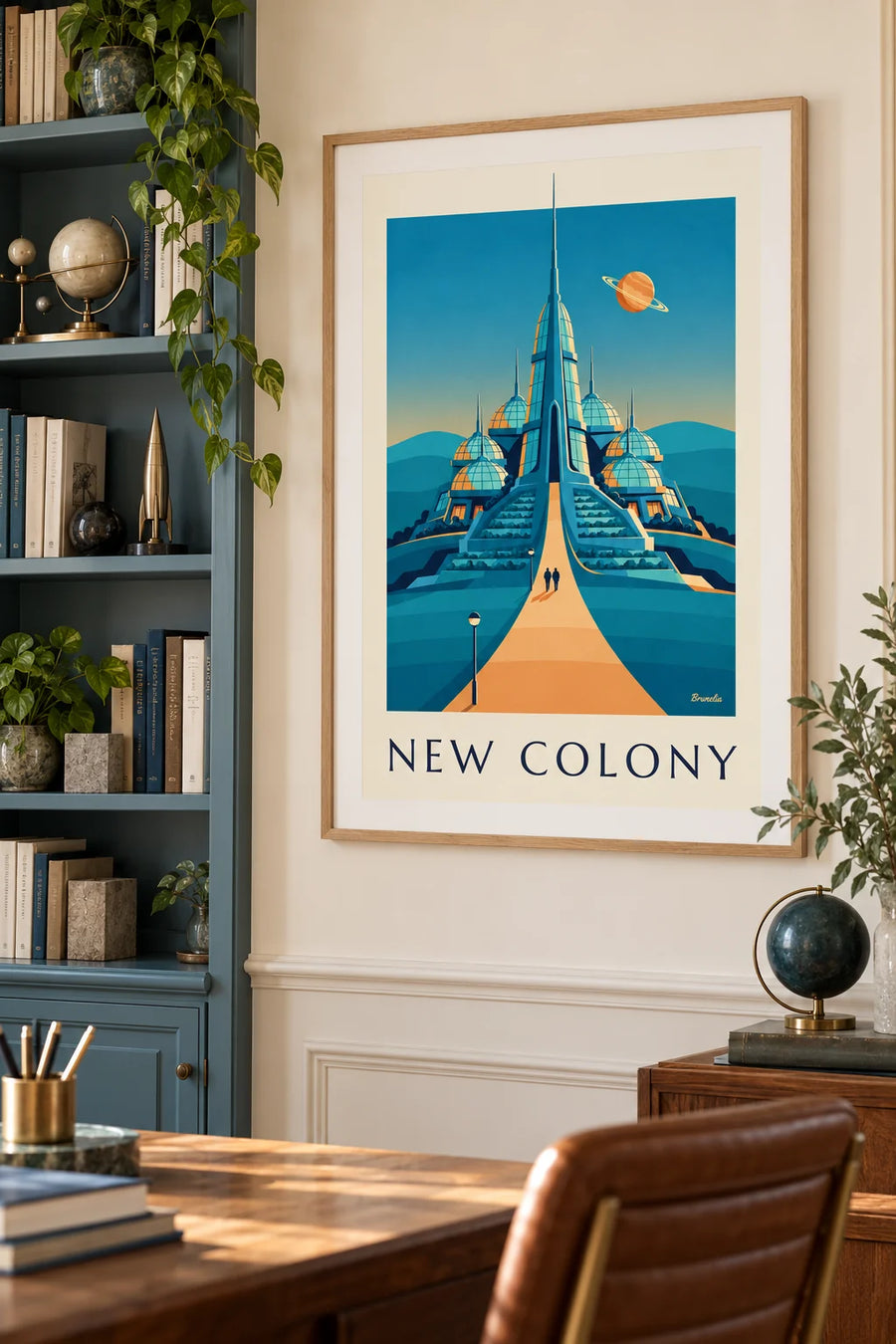 Plakat med koloni under glaskupler på en planet: indrammet på væggen