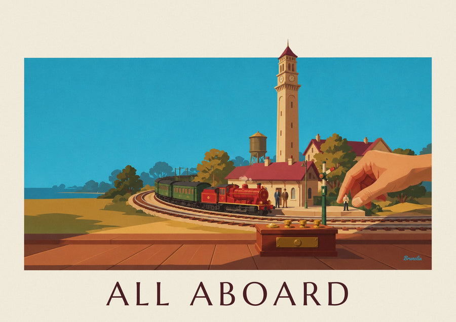 Plakat med miniaturetog og modeljernbanens station