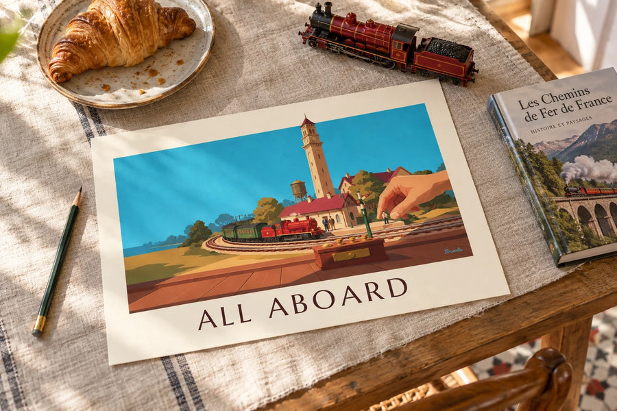 Plakat med modeltog og modeljernbanestation: stående på et bord