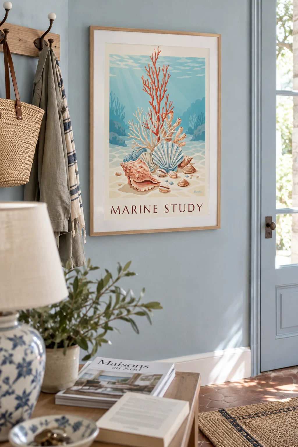 Coral and seashell natural history plate poster on the wall
