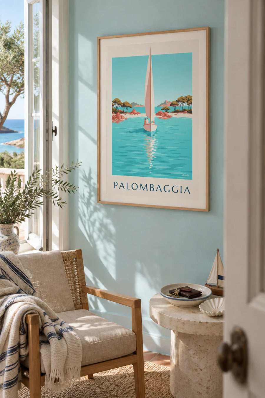 Poster of Palombaggia beach, pines and a sailboat at anchor in Corsica: framed on the wall