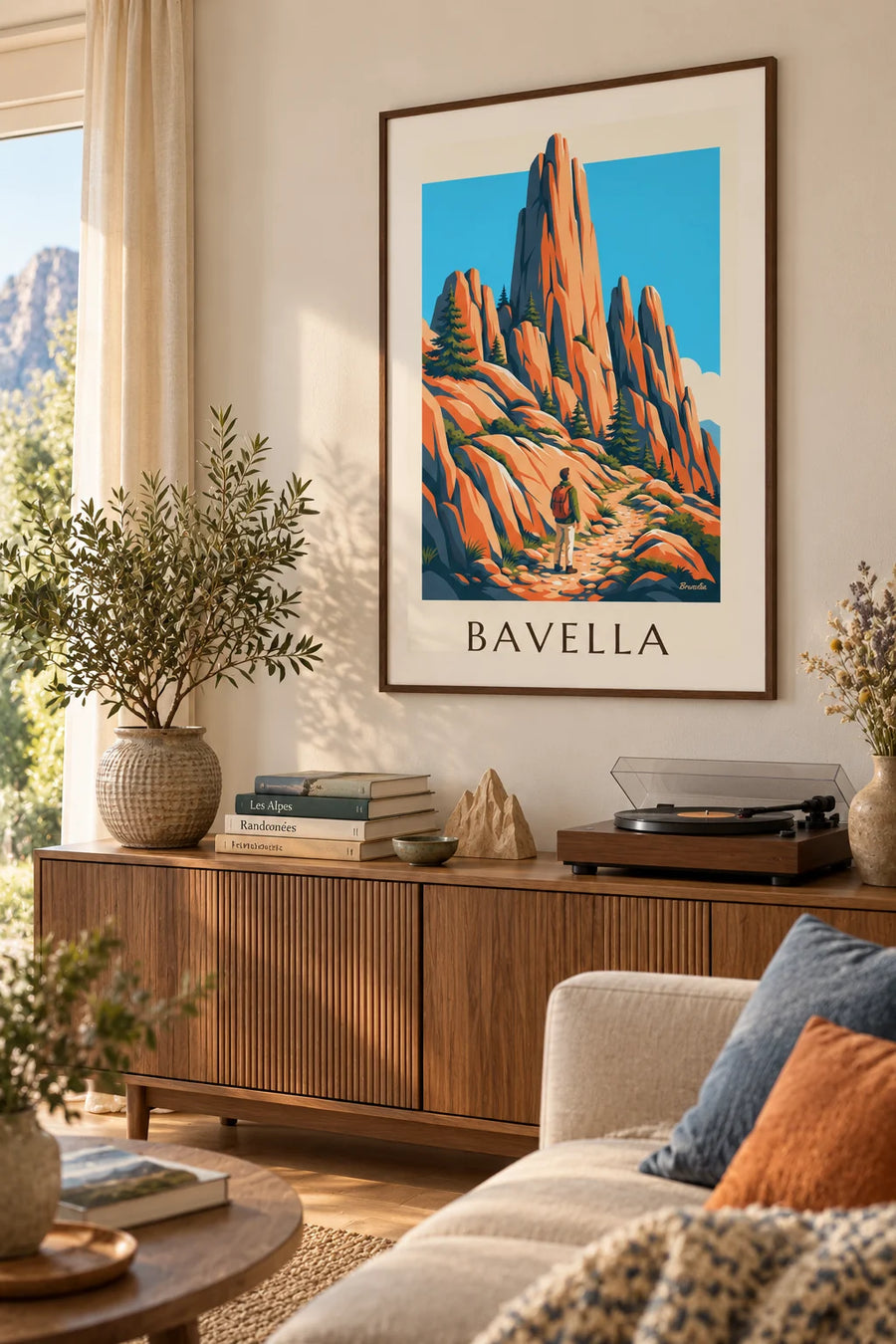 Plakat med vandrer foran Bavella-nålene på Korsika: indrammet på væggen