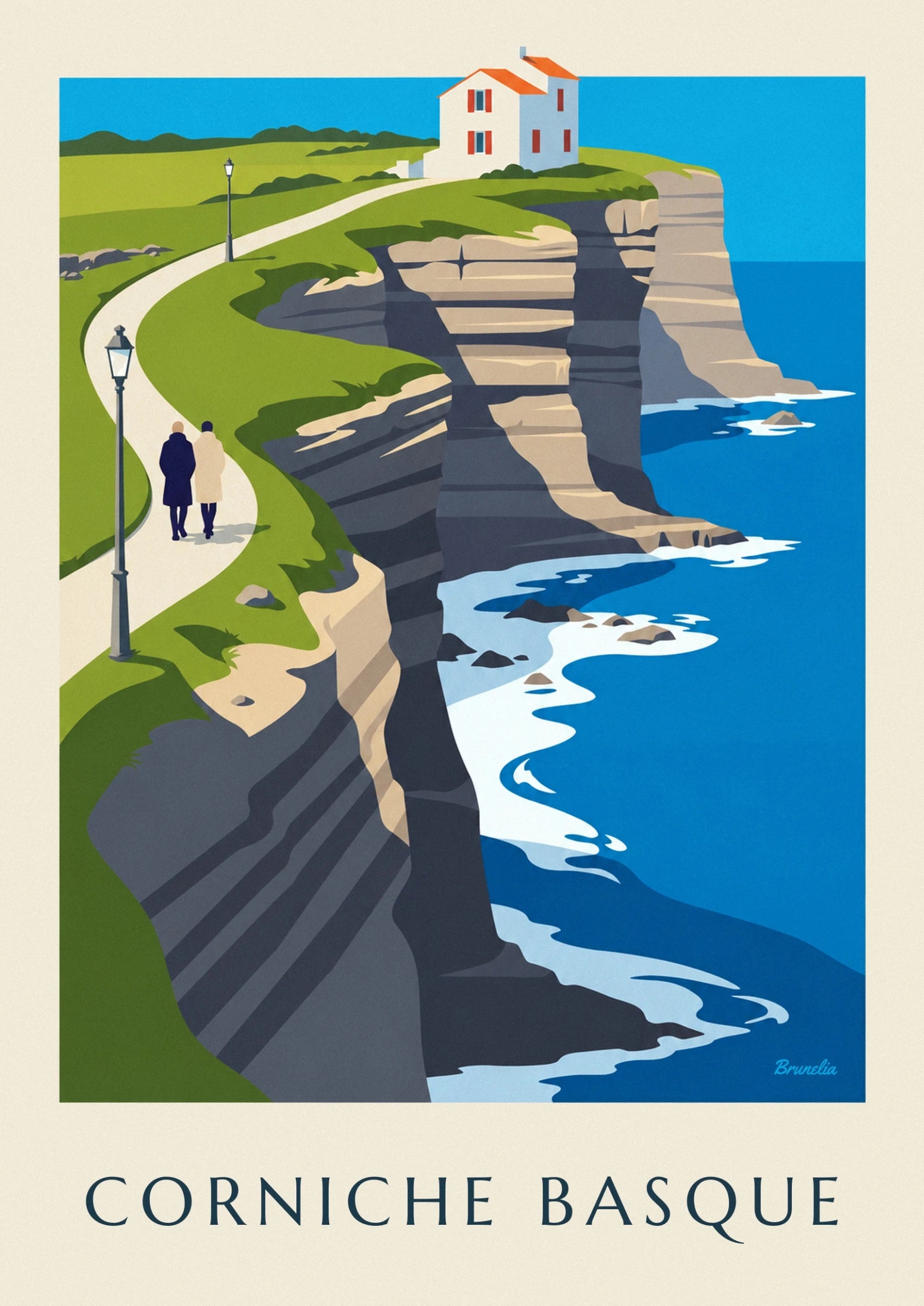 The white house with red shutters on the edge of the layered flysch cliff
