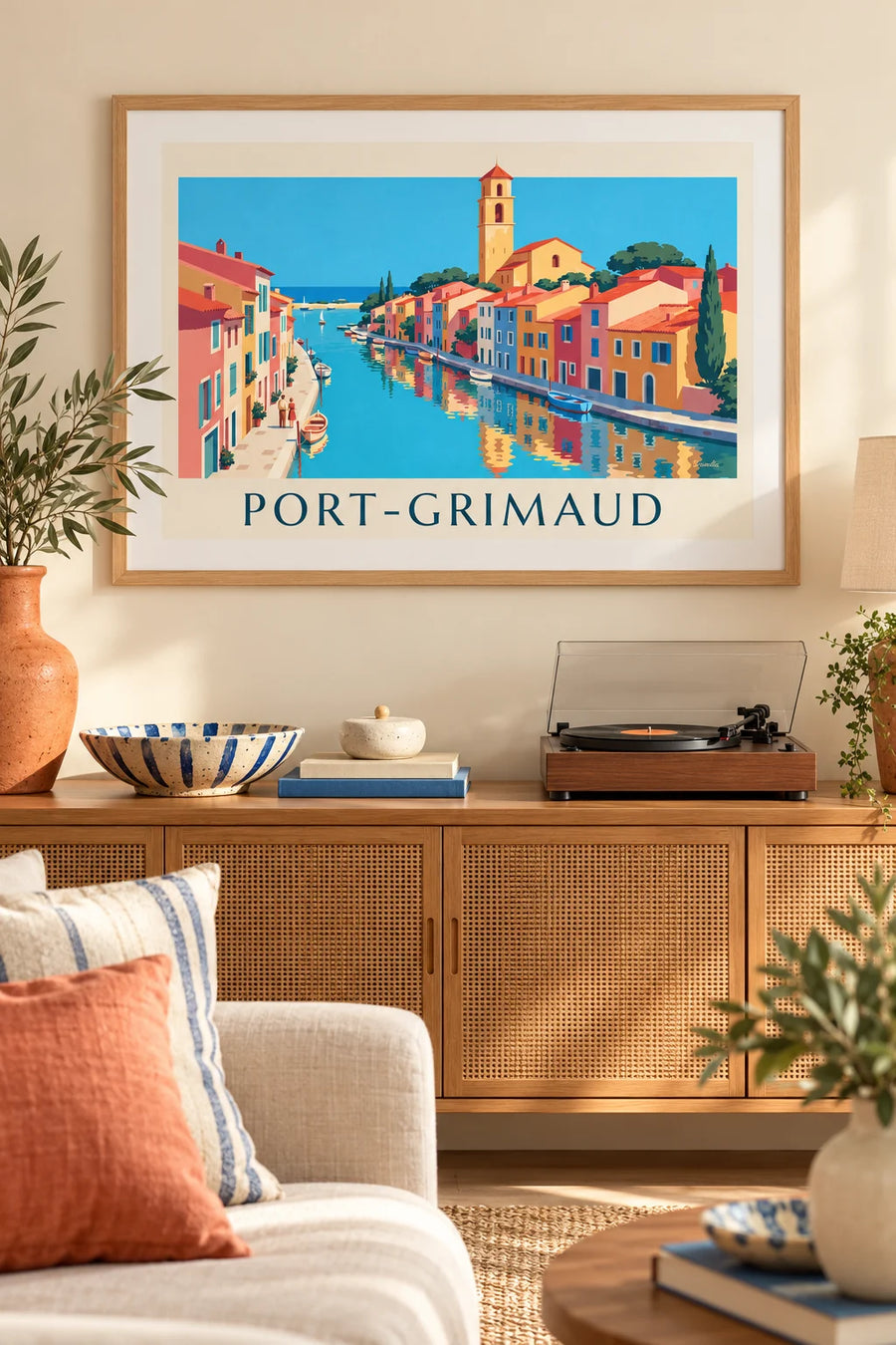 Plakat med kanaler og farverige huse i Port-Grimaud: indrammet på væggen