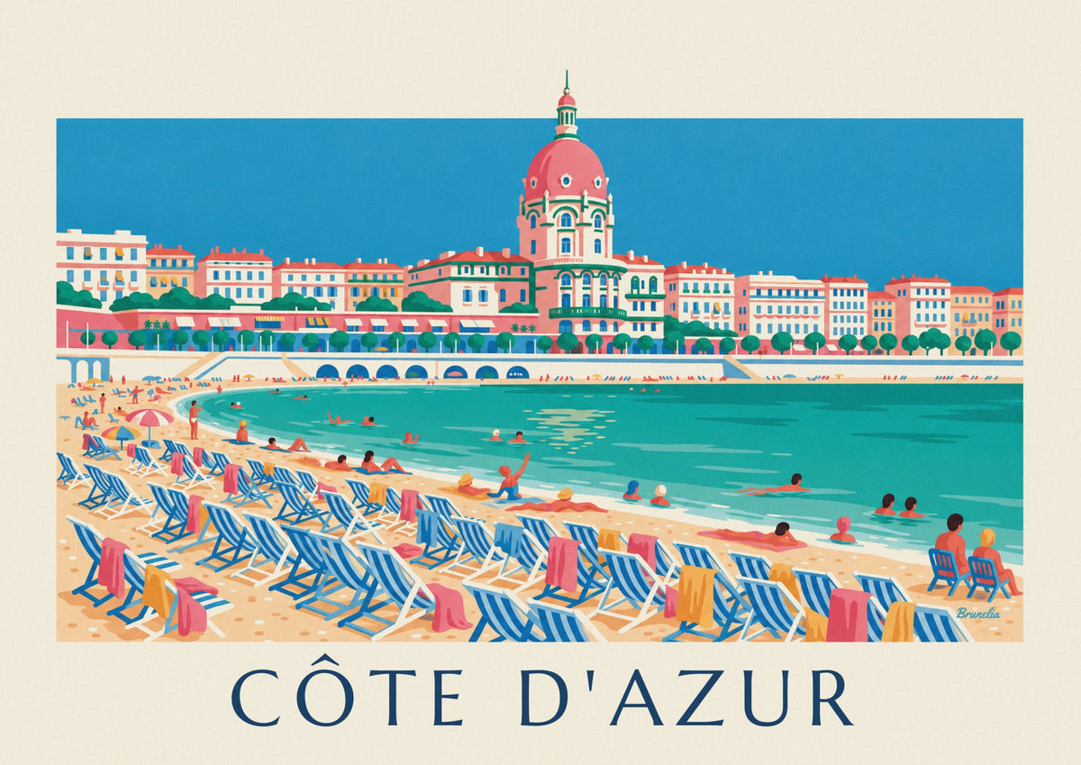 Swimmers and deck chairs below the Promenade des Anglais in Nice poster