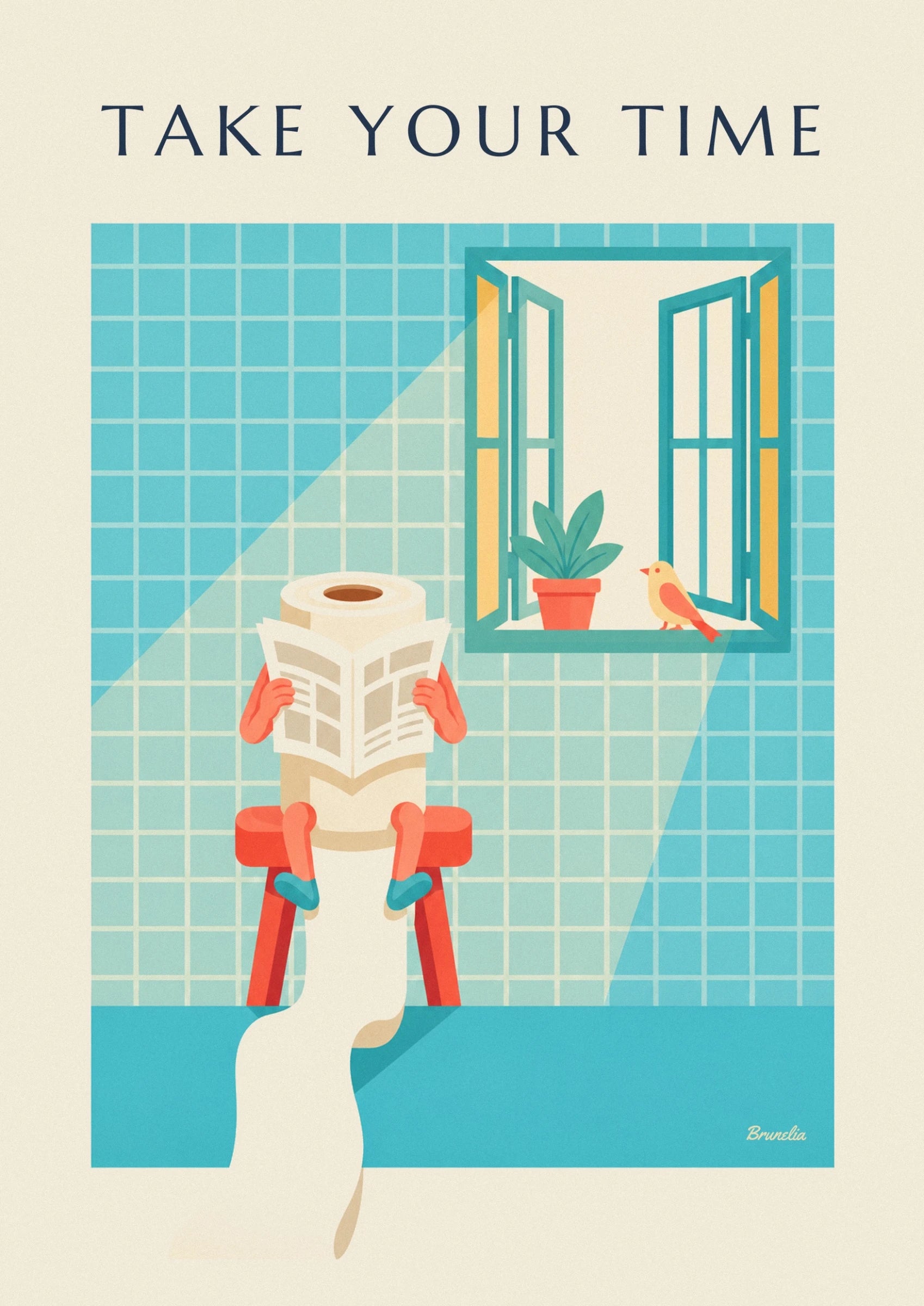 Le personnage en rouleau de papier toilette lisant son journal sur un tabouret rouge