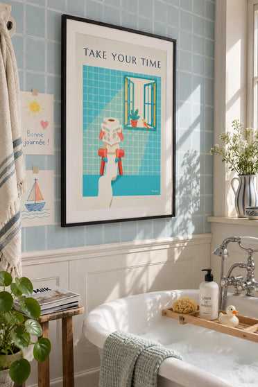 Affiche personnage papier toilette en pleine lecture : encadrée au mur