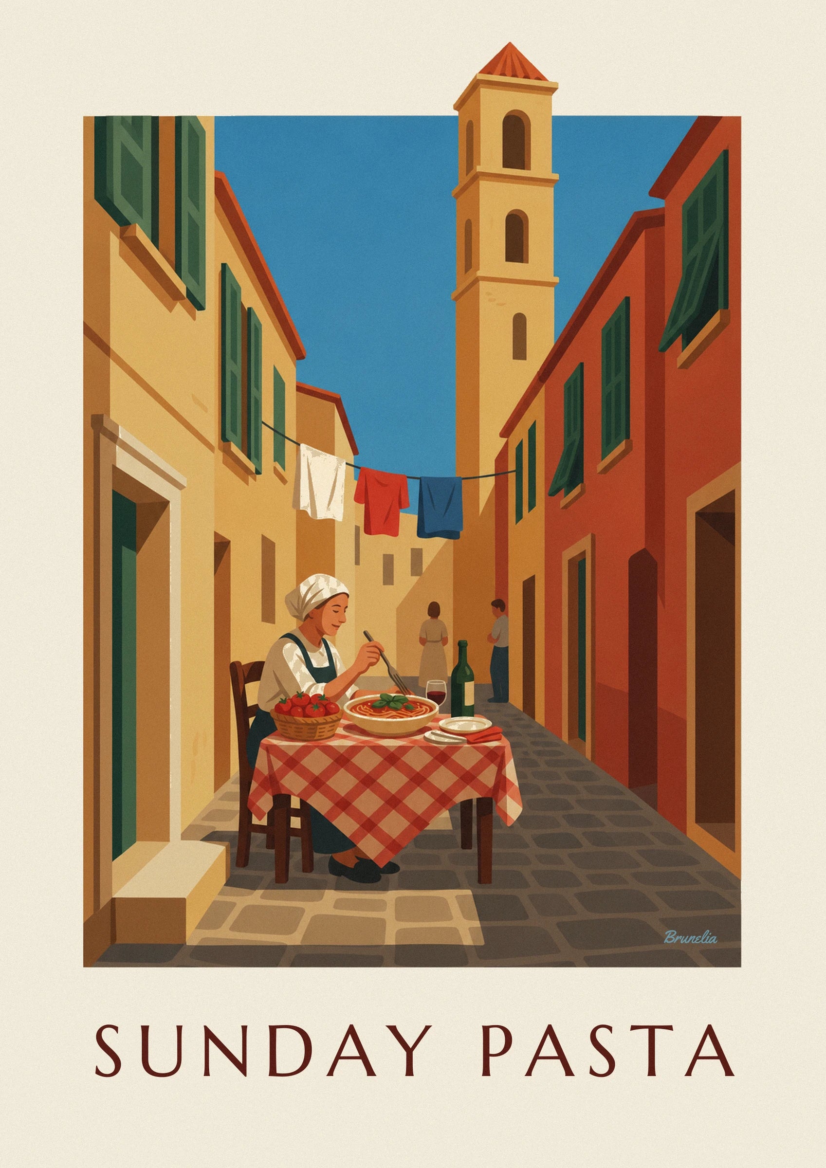 La cuisinière au foulard blanc, son assiette de spaghettis au basilic et son verre de vin rouge