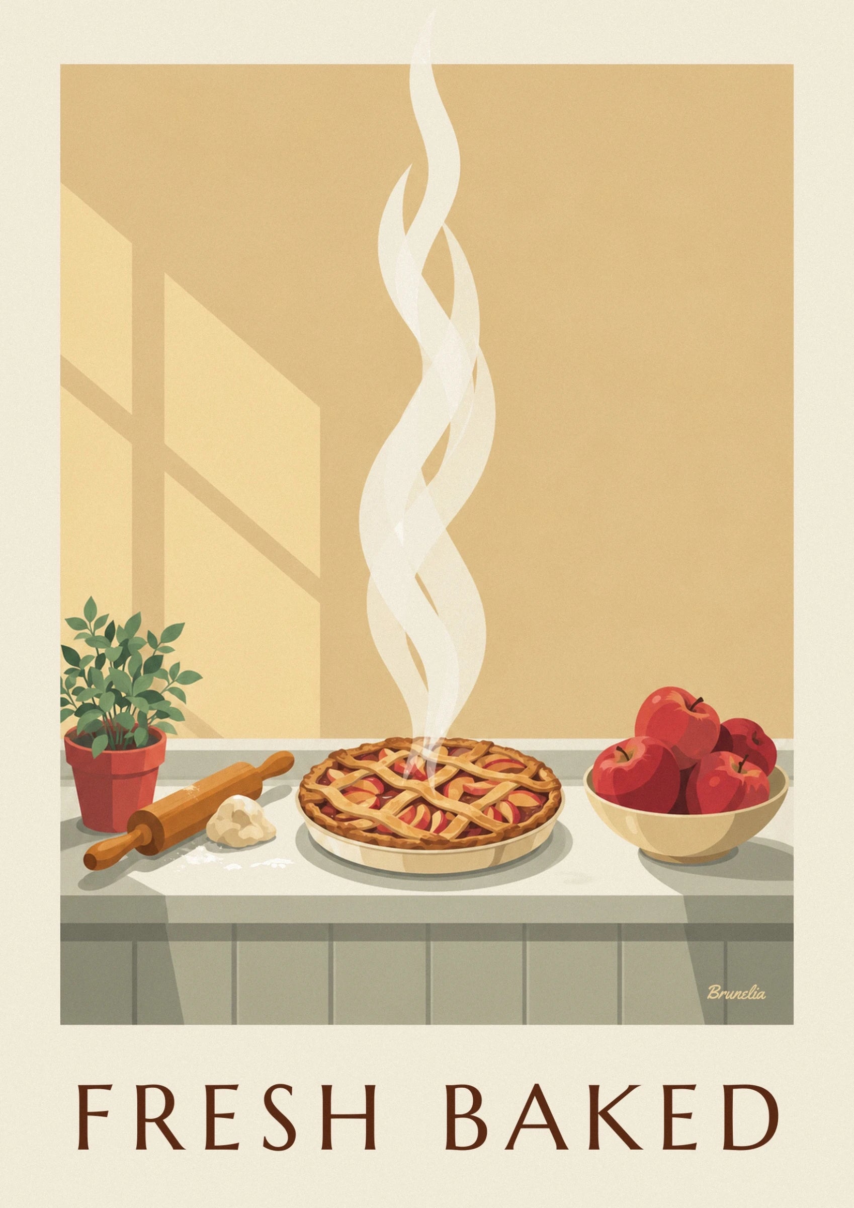 The steaming apple pie with its golden lattice crust in a cream dish