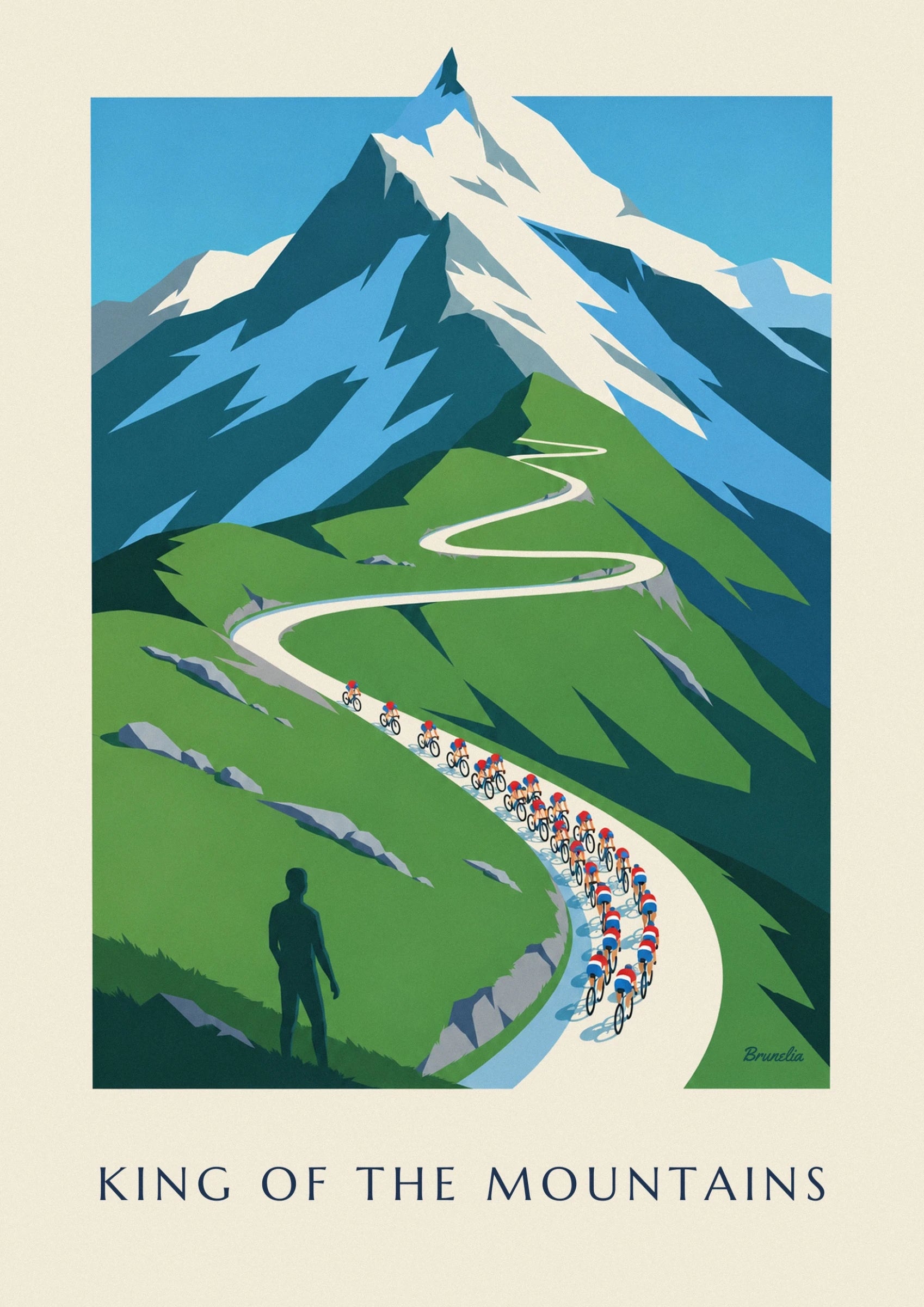 Le peloton en maillots rouges, blancs et bleus dans un lacet bordé de rochers