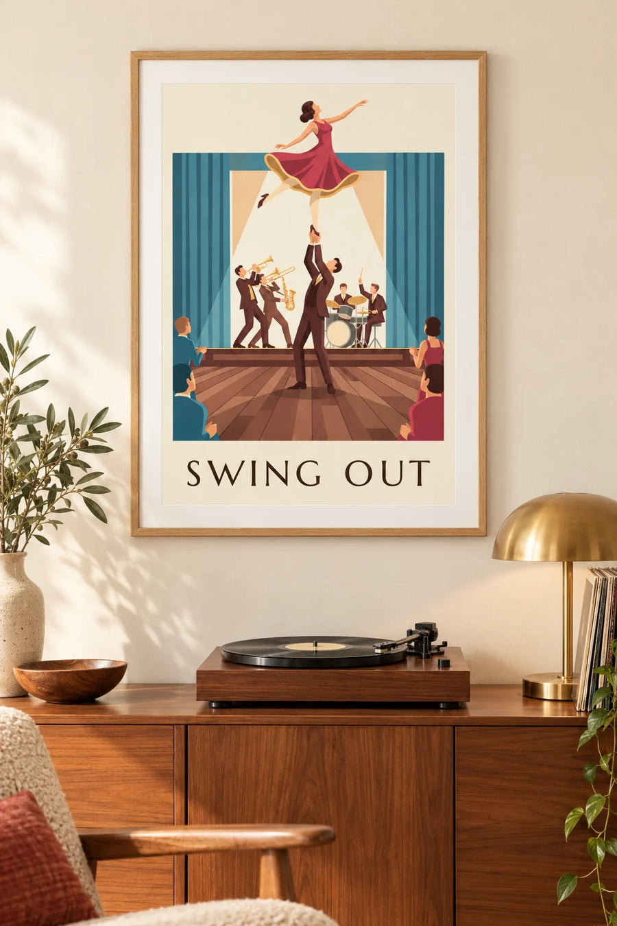 Plakat med par, der danser swing i en balsal: indrammet på væggen