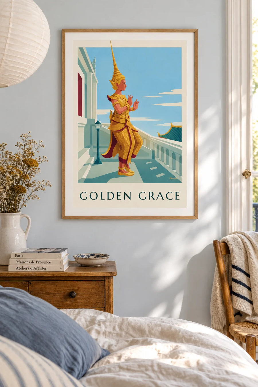 Thai dancer poster in a gold-embroidered costume: framed on the wall