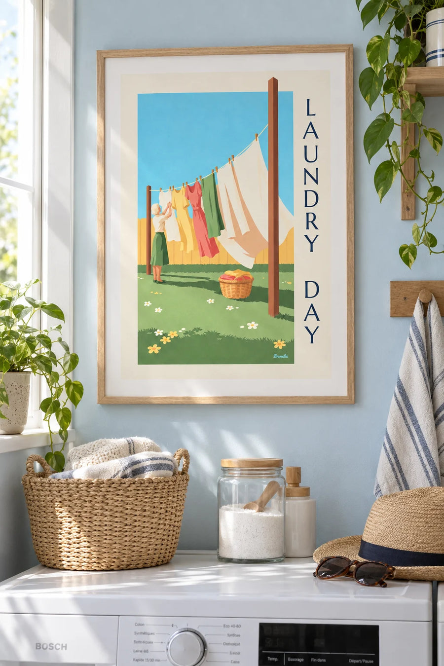 Affiche jour de lessive et linge blanc séchant au soleil : encadrée au mur
