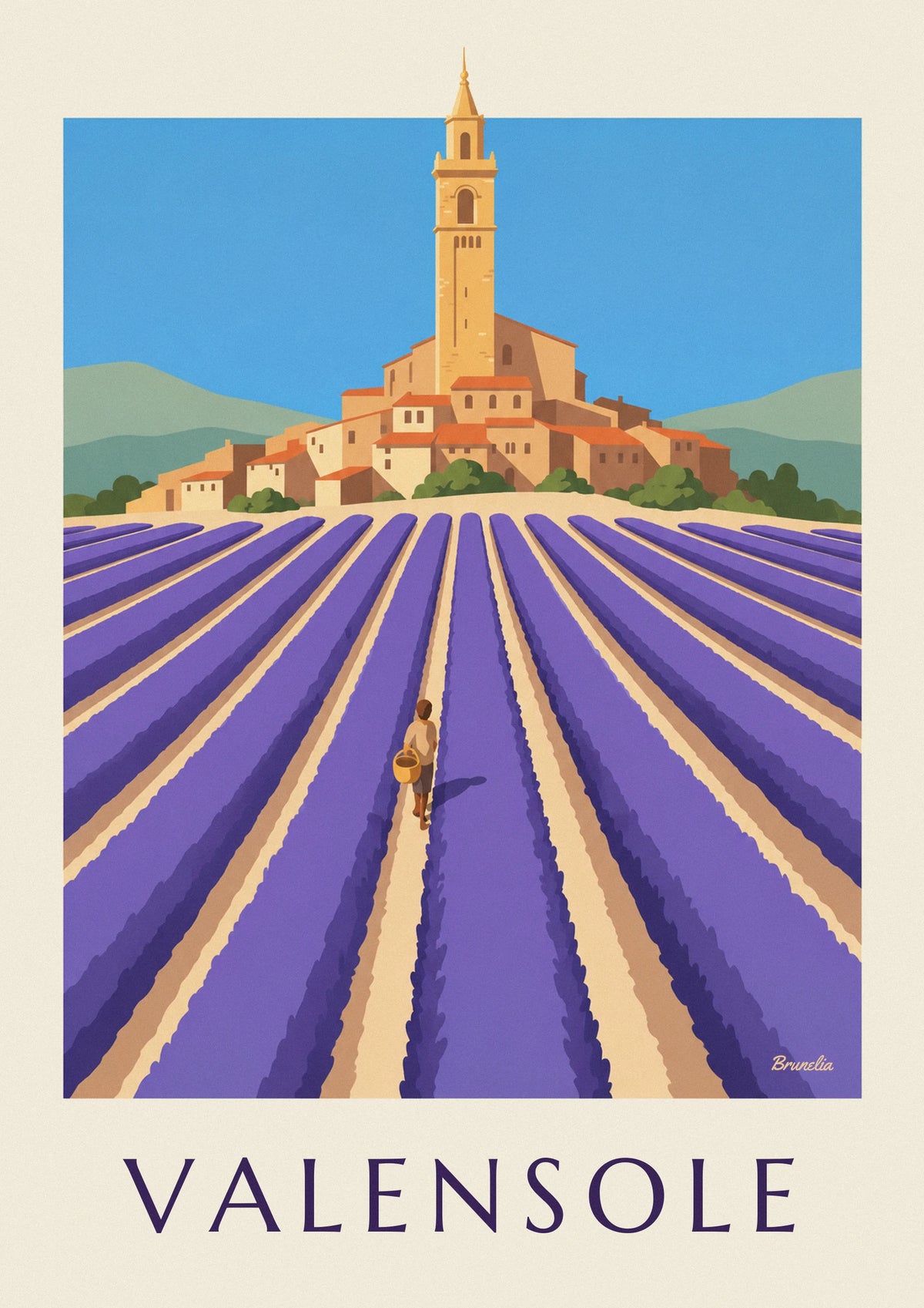 Lavender rows and Valensole hilltop village poster