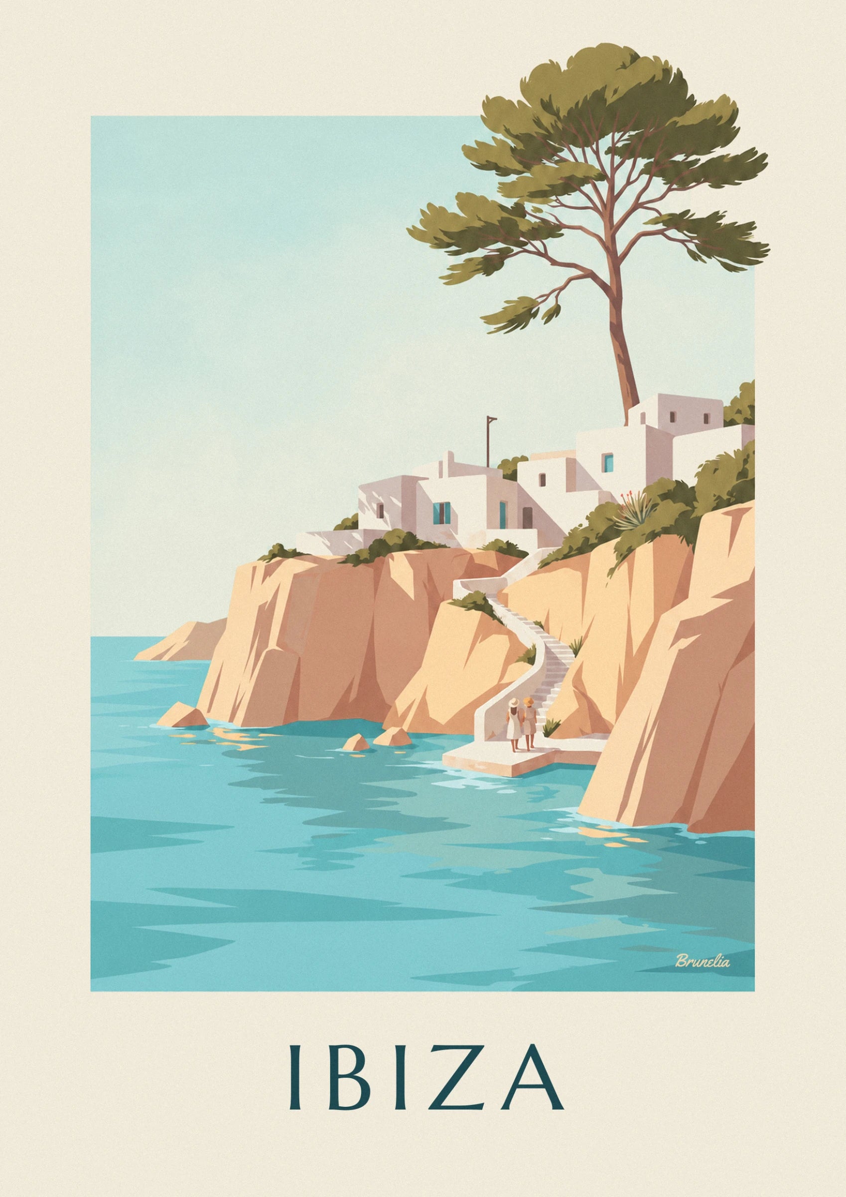 The white staircase descending the ochre cliff, with 2 women in hats walking by the water