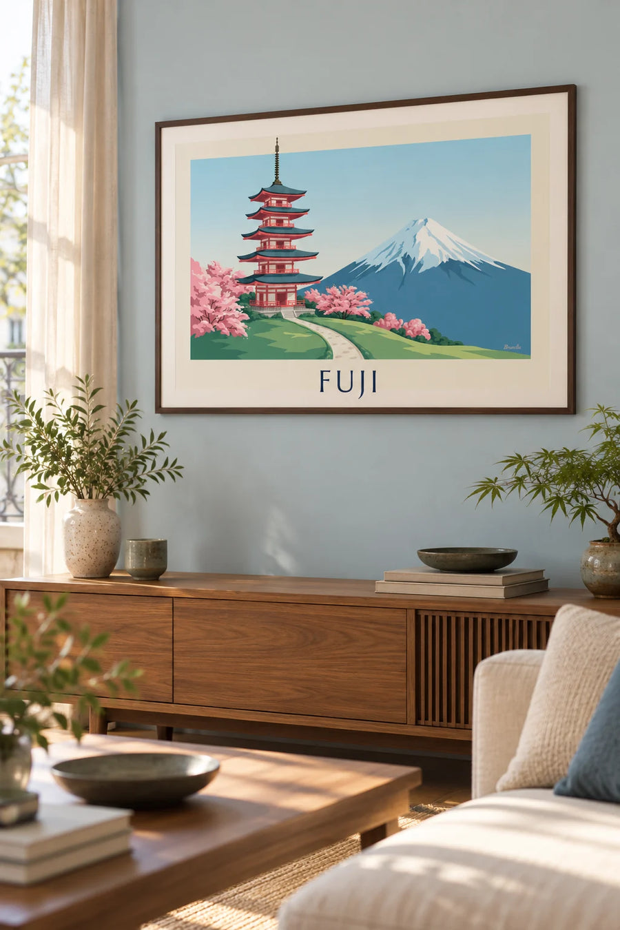Plakat med Chureito-pagoden foran Fuji og kirsebærtræer: indrammet på væggen