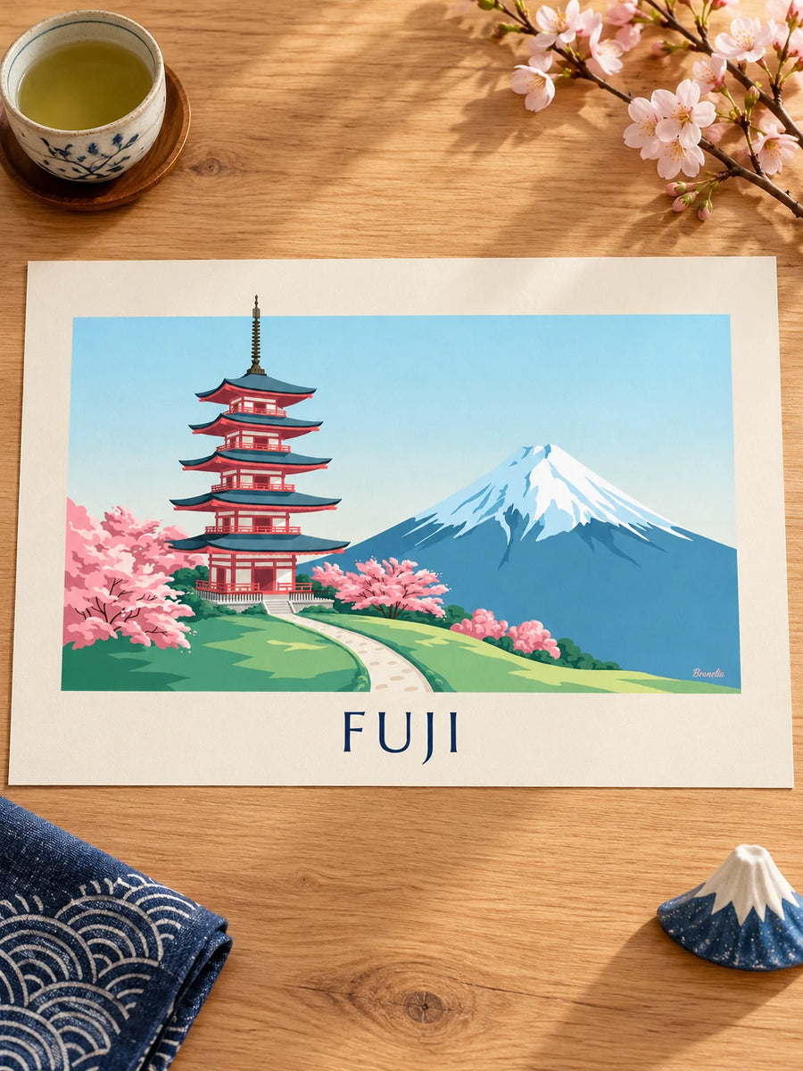 Plakat med Chureito-pagoden foran Fuji og kirsebærtræer: på et bord