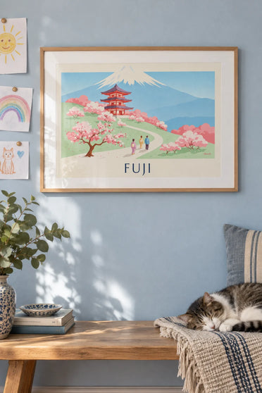 Poster of the Chureito Pagoda facing Mount Fuji and cherry trees: framed on the wall