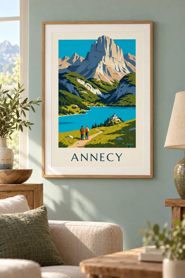 Plakat med vandretur over Annecy-søen: indrammet på væggen