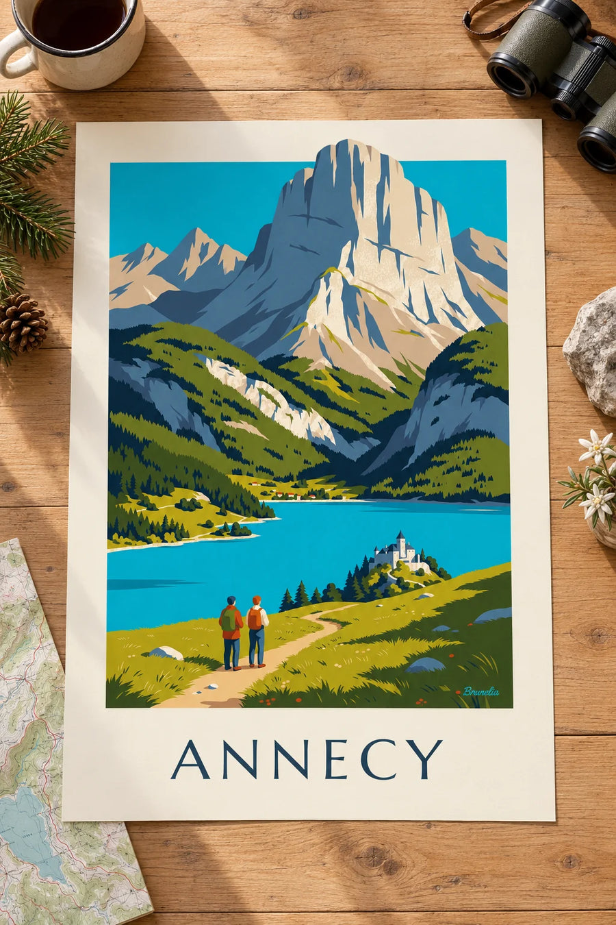 Plakat med vandretur over Lac d'Annecy: stillet på et bord