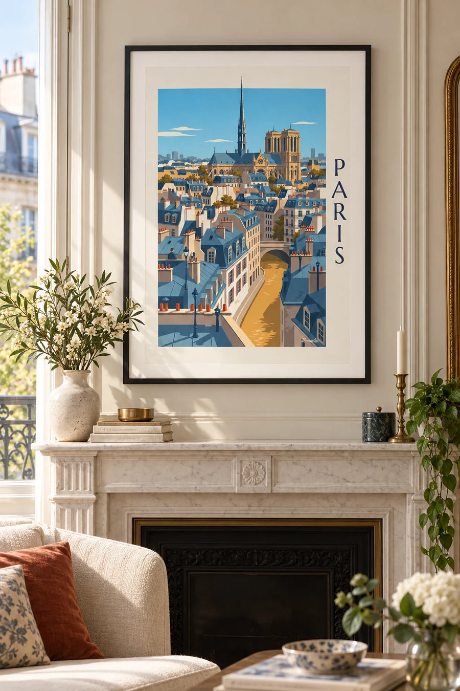 Plakat med Paris' haussmannske tage og Notre-Dame: indrammet på væggen