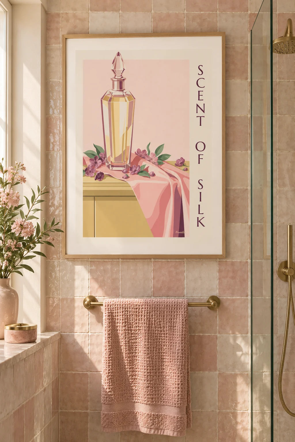 Chambre : mise en situation de Affiche flacon de parfum en cristal et soie drapée