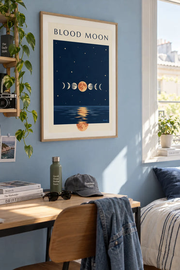 Plakat med måneformørkelse og månens faser: indrammet på væggen