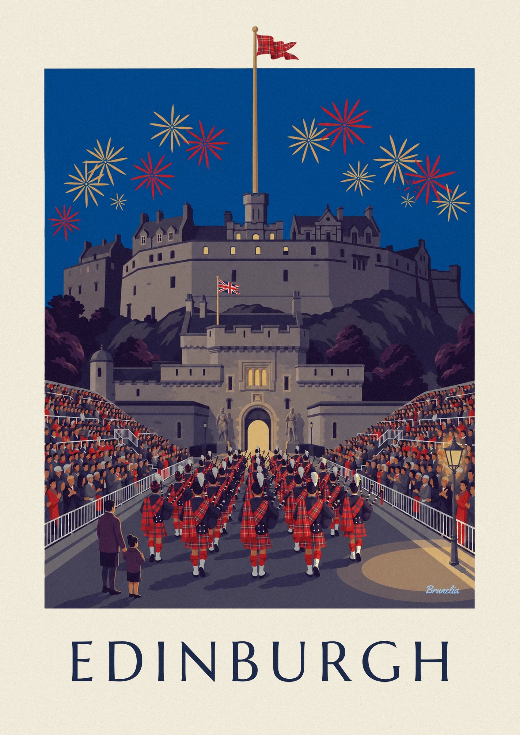 Plakat med Edinburgh Castle og Military Tattoo om natten: nærbillede af detalje