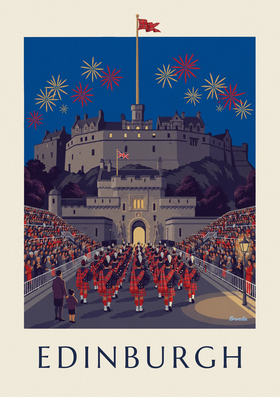 Plakat med Edinburgh Castle og Military Tattoo om natten