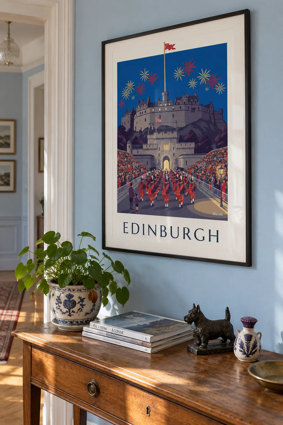 Plakat med Edinburgh Castle og Military Tattoo om natten: indrammet på væggen