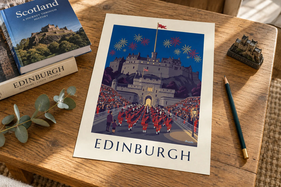 Plakat med Edinburgh Castle og Military Tattoo om natten: stående på et bord