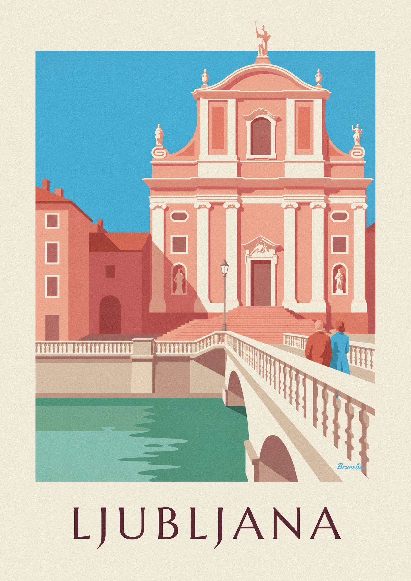 Plakat med den lyserøde franciskanerkirke i Ljubljana: nærbillede af detalje