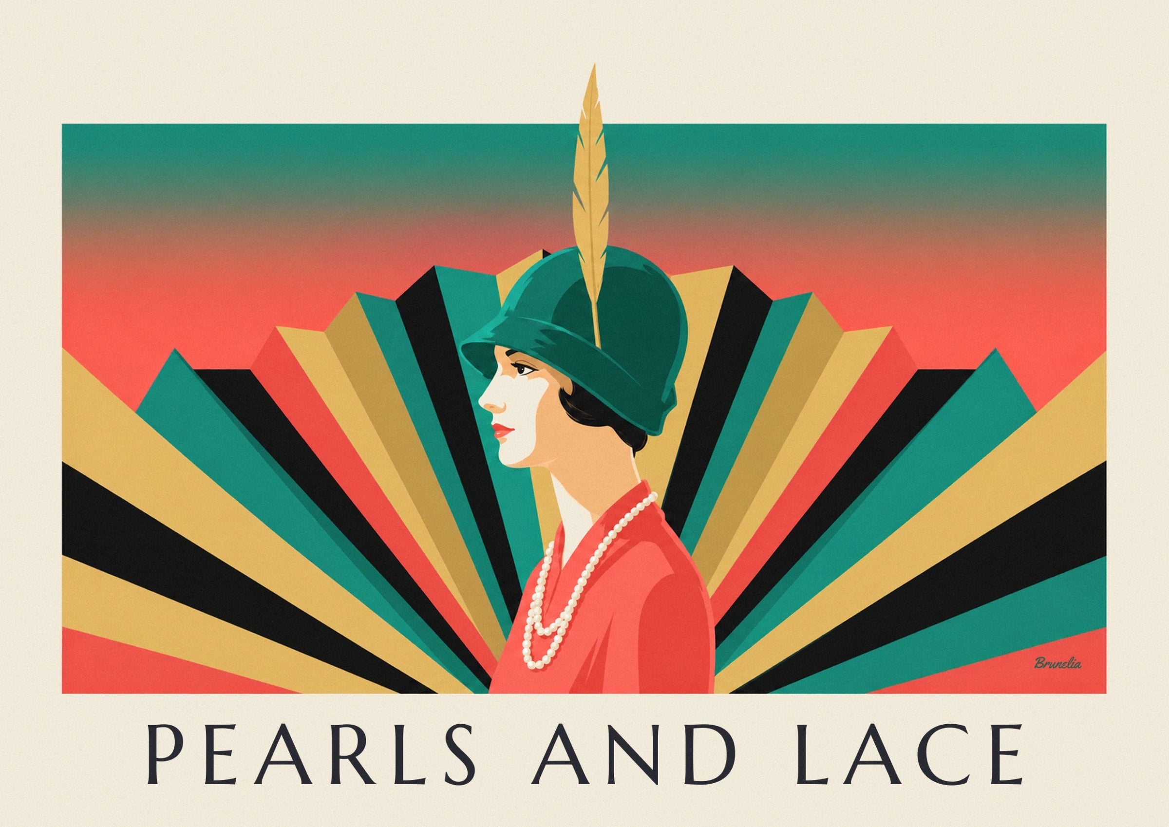 Le profil de la femme au chapeau cloche vert à plume dorée, son collier de perles et sa veste rouge