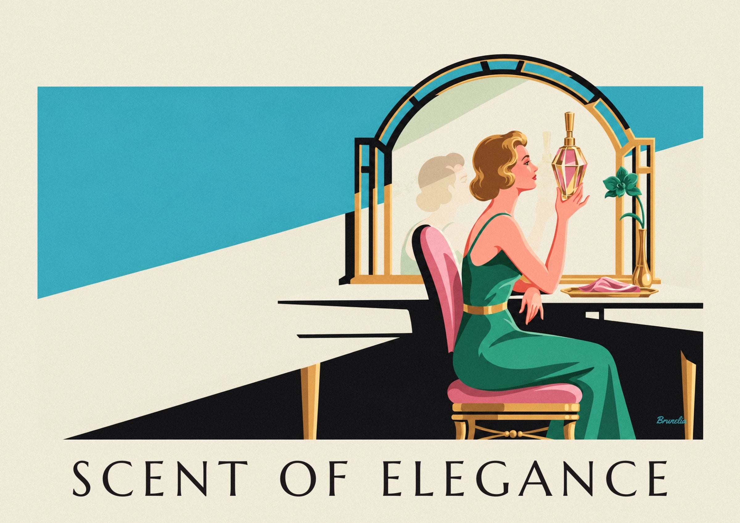 Affiche femme élégante et flacon de parfum à sa coiffeuse : détail en gros plan