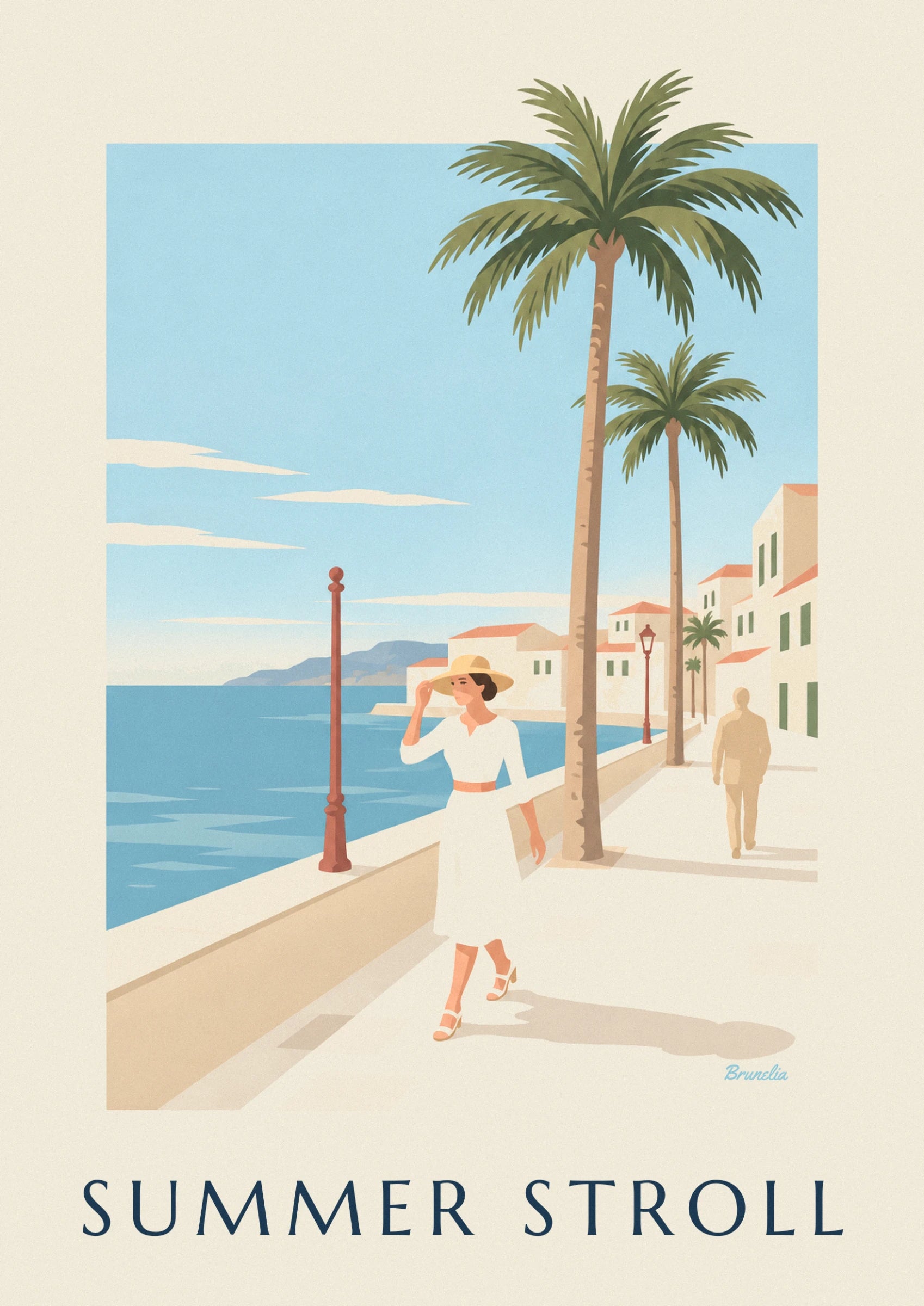 The woman in a white dress and straw hat, on the quay facing the sea