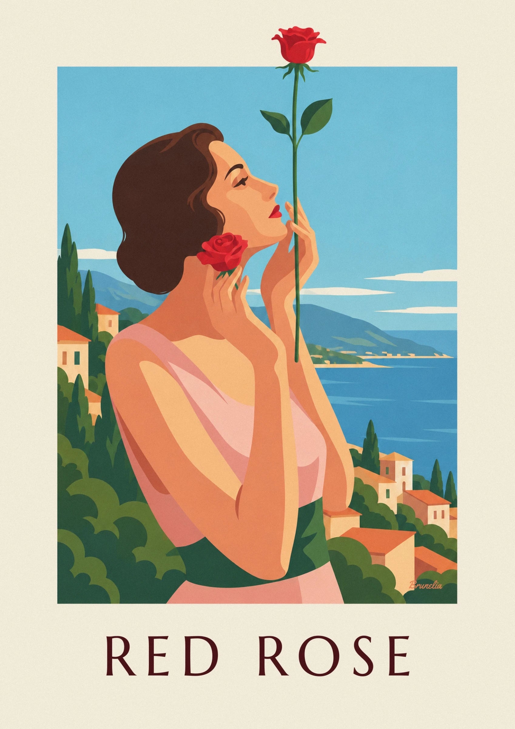The elegant profile of a brown-haired woman with a red rose beside her face