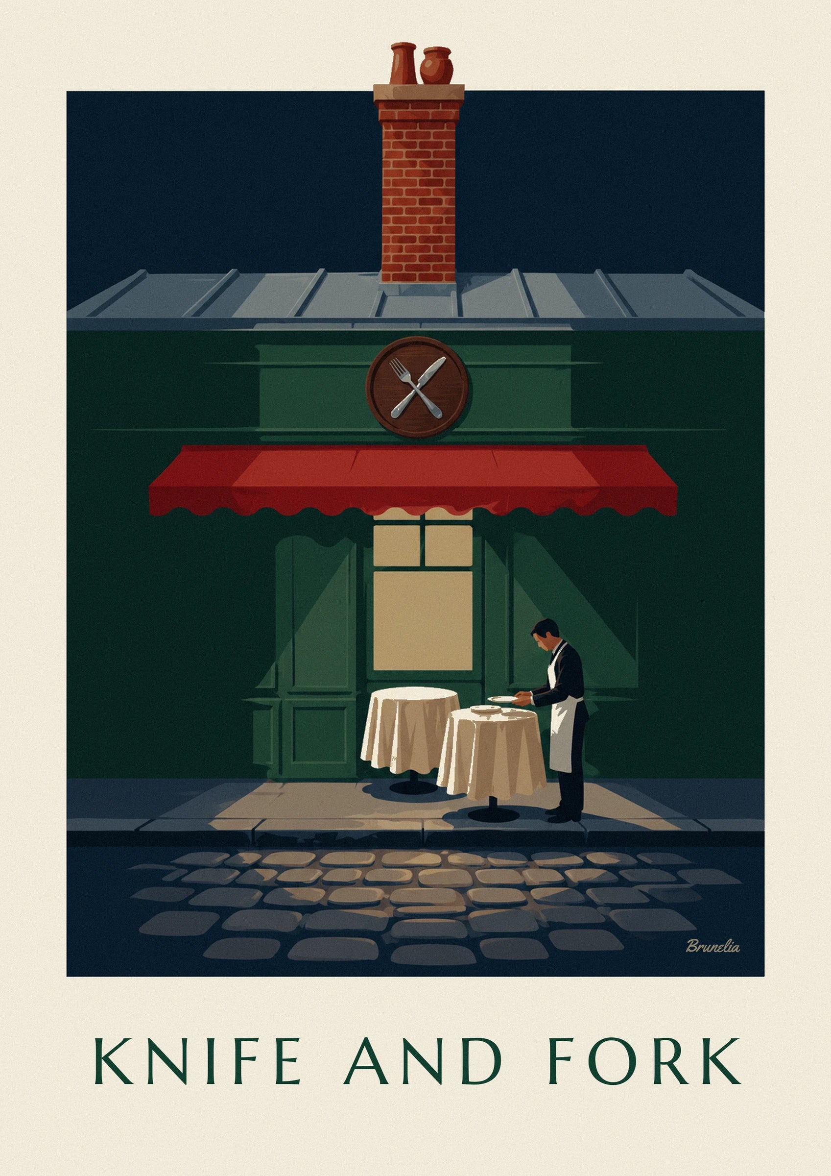 The silver fork and knife crossed on a round sign above the red awning