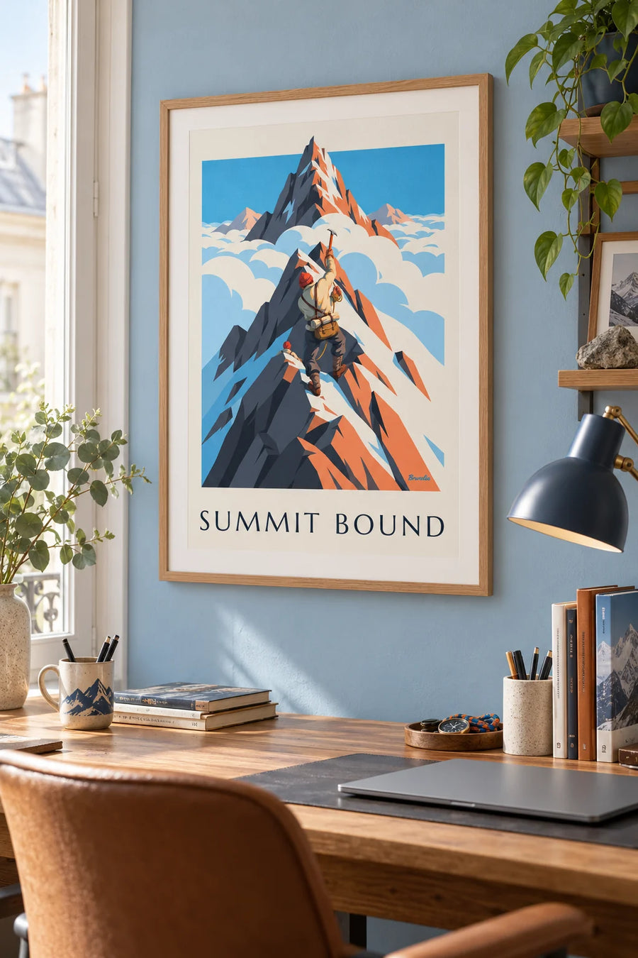 Plakat med bjergbestiger på en klippekam mod toppen: indrammet på væggen