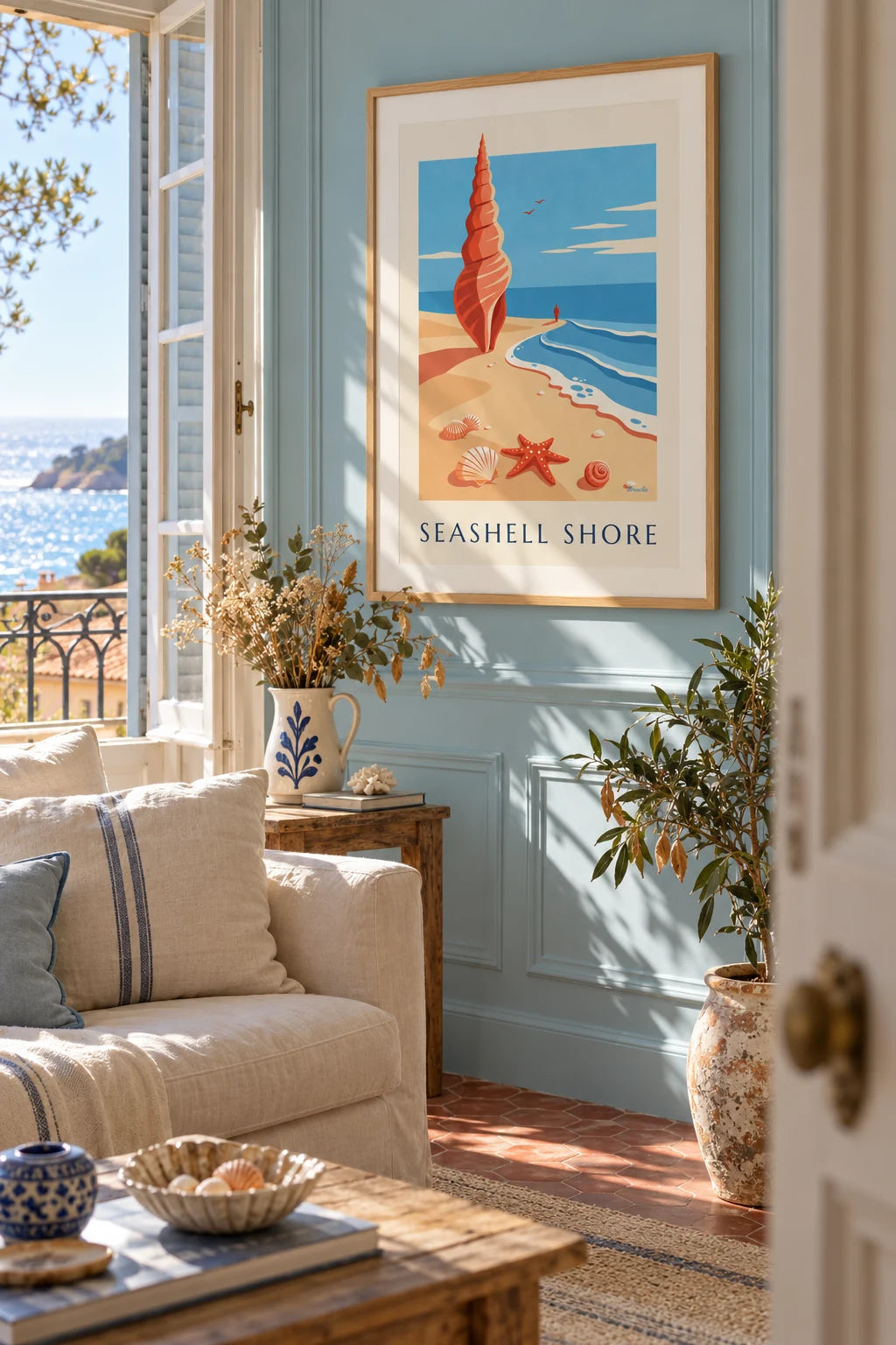 Starfish and seashells on the sand poster on the wall