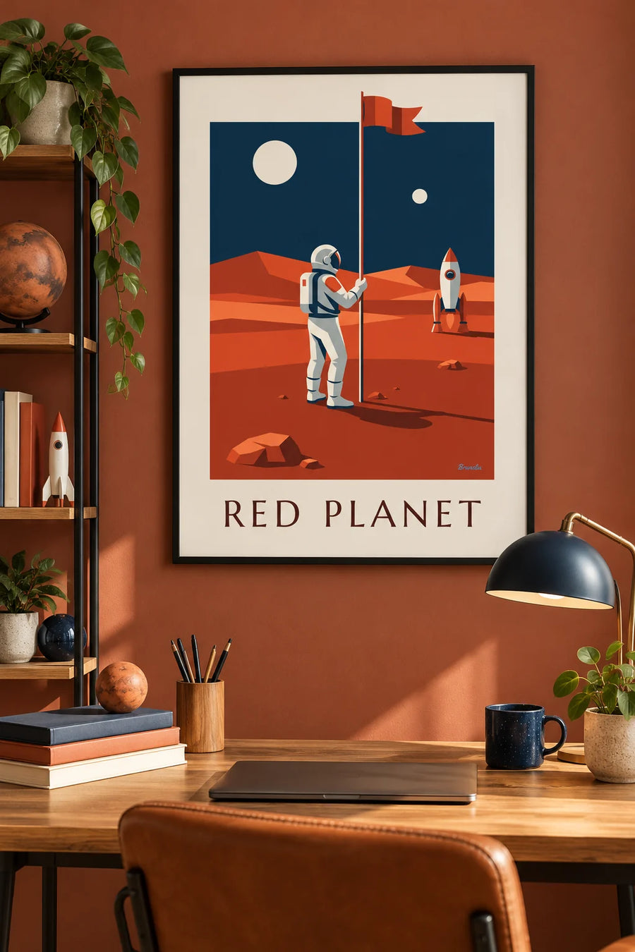 Plakat med astronaut, der planter et flag på Mars: indrammet på væggen