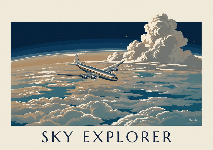 Plakat med passagerfly over et hav af skyer