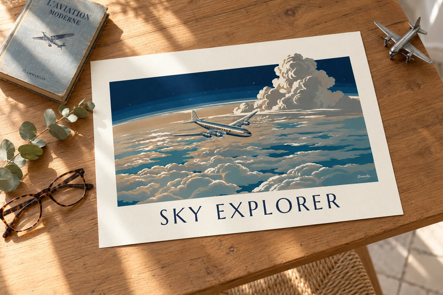 Plakat med passagerfly over et hav af skyer: på et bord