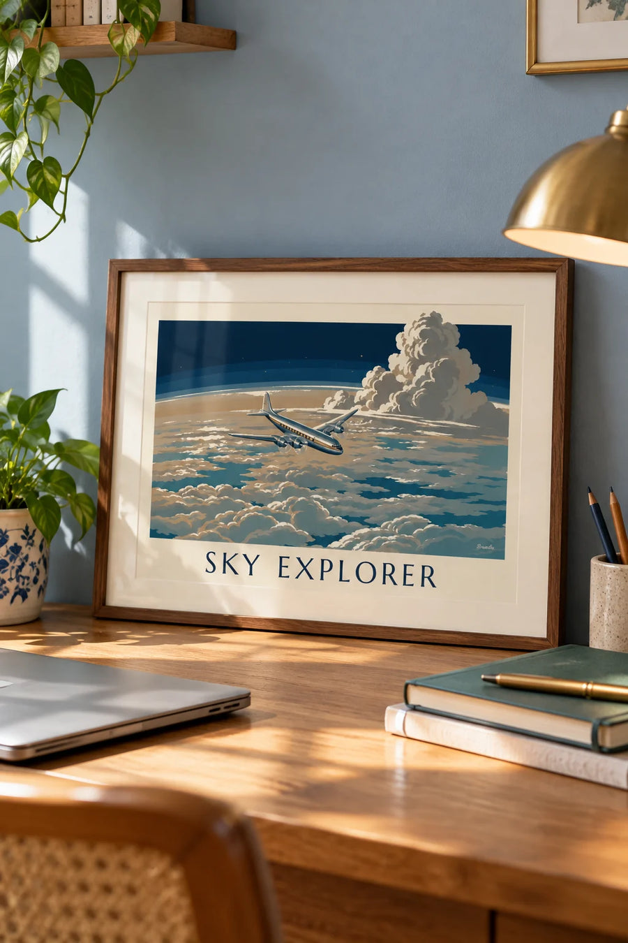 Plakat med passagerfly over et hav af skyer: lille A4-plakat i ramme