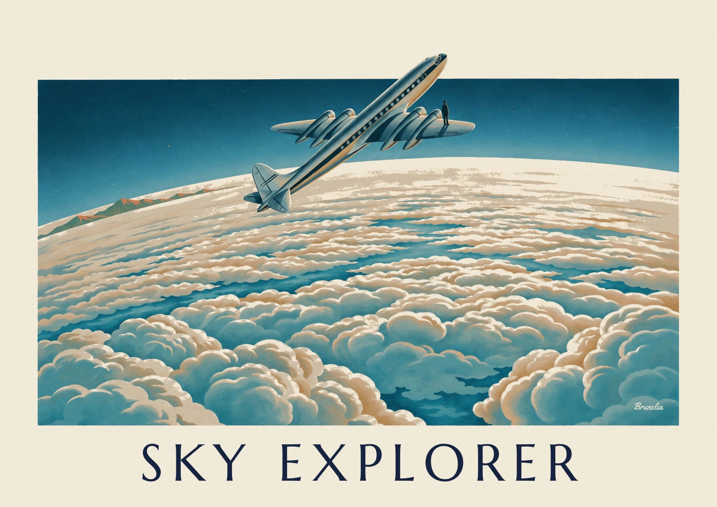 The silver aeroplane with engines along its wings, above the cream clouds
