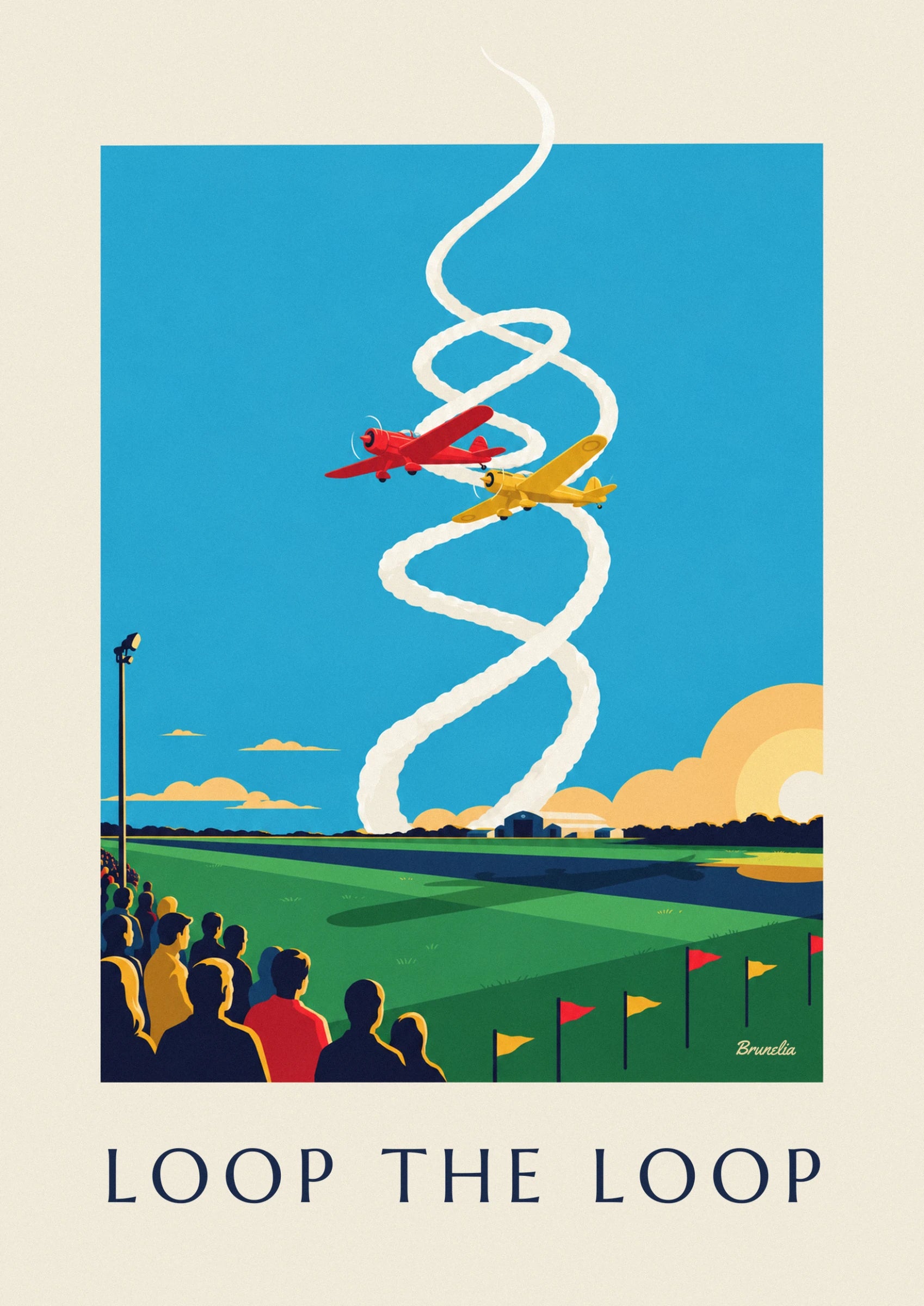 A red plane and a yellow plane spiralling through their white smoke trails